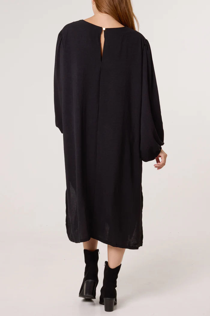 Black Puffball Sleeve Midi Dress