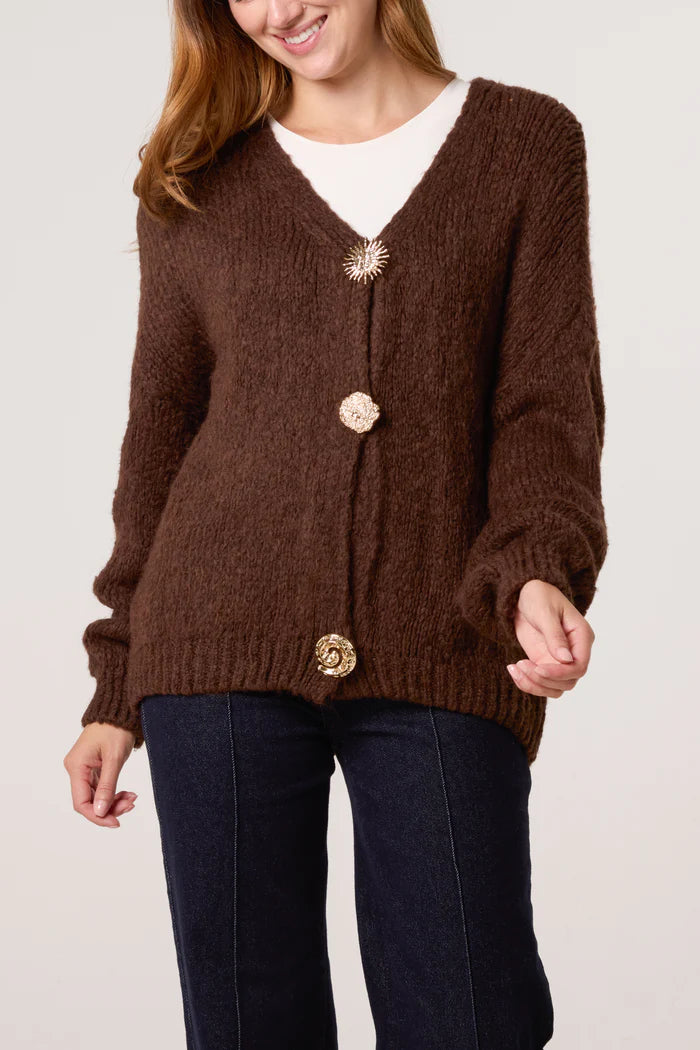 Brown Knitted Gold Brooch Cardigan