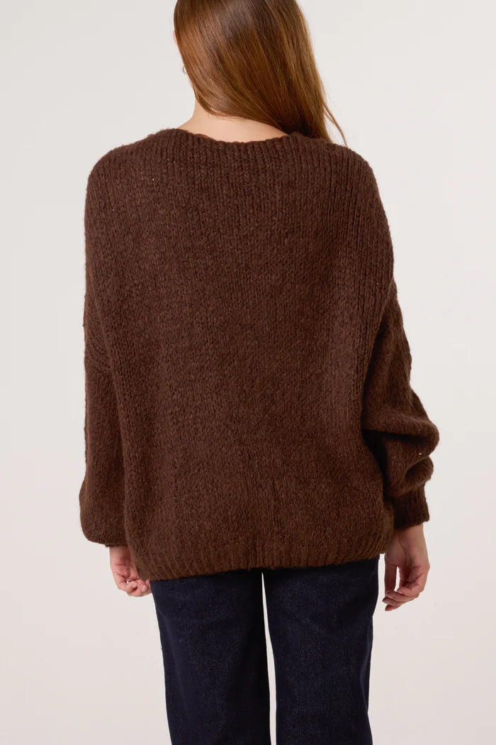 Brown Knitted Gold Brooch Cardigan