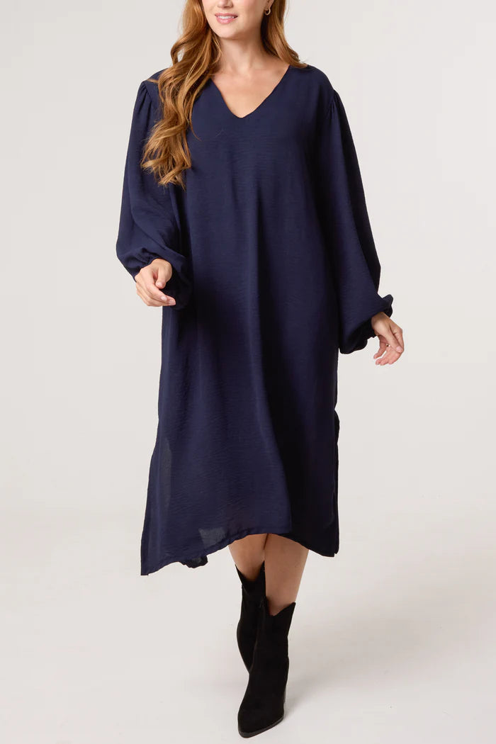 Navy Puffball Sleeve Midi Dress