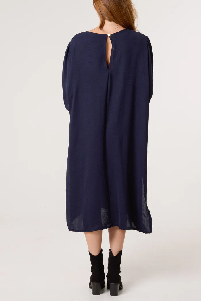 Navy Puffball Sleeve Midi Dress