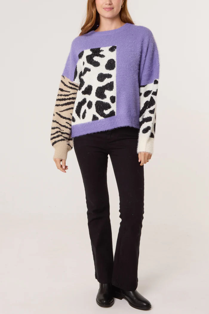 Purple Fluffy Knit Animal Print Jumper