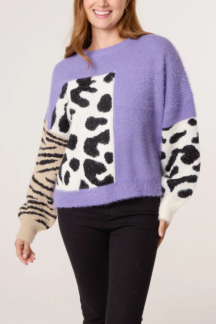 Purple Fluffy Knit Animal Print Jumper