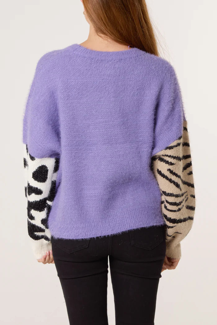 Purple Fluffy Knit Animal Print Jumper