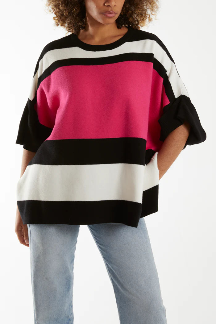 Hot Pink Colour Block Boxy Jumper
