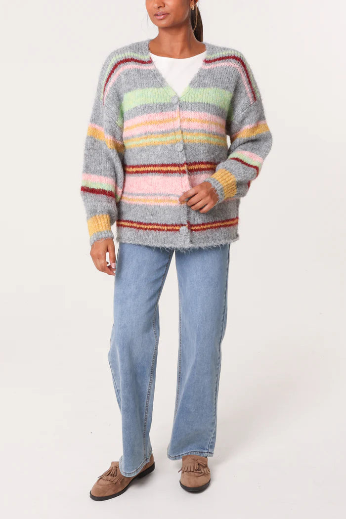 Grey Colourful Stripe Cardigan