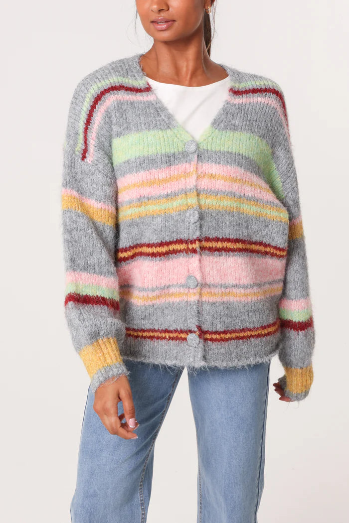 Grey Colourful Stripe Cardigan