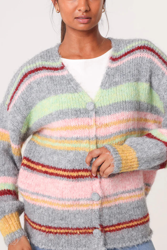 Grey Colourful Stripe Cardigan