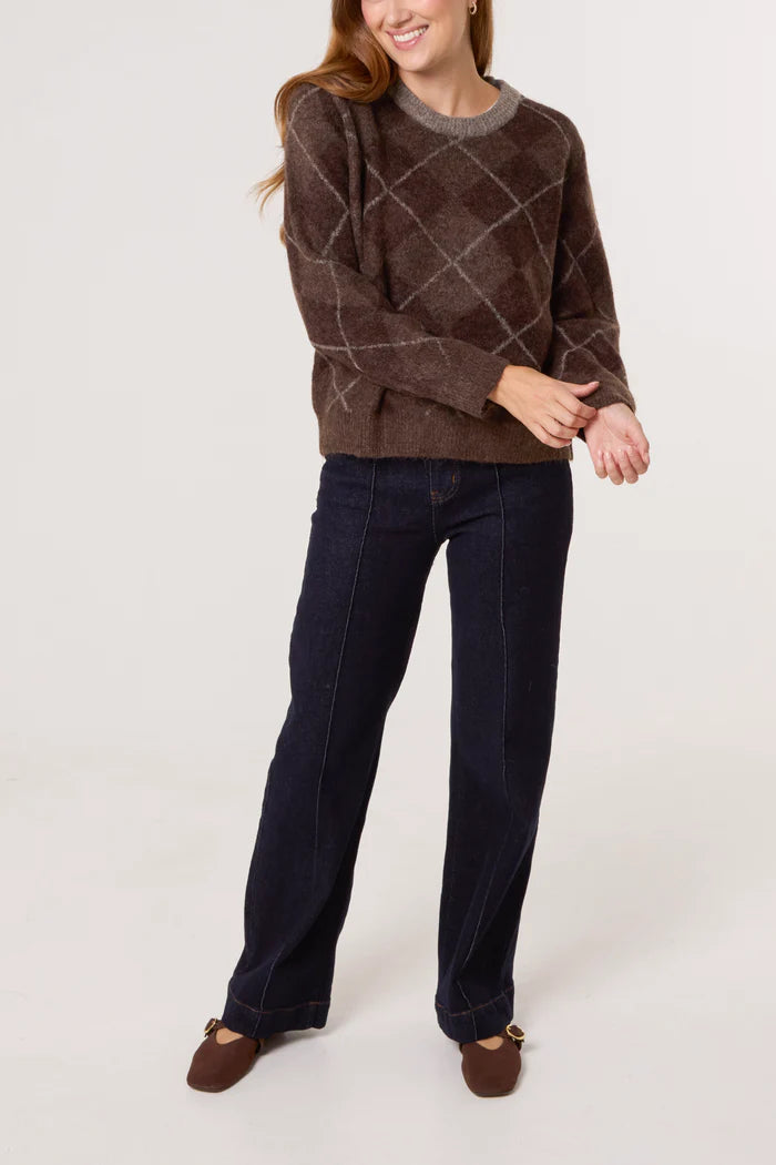 Chocolate Brown Argyle Crew Neck Jumper