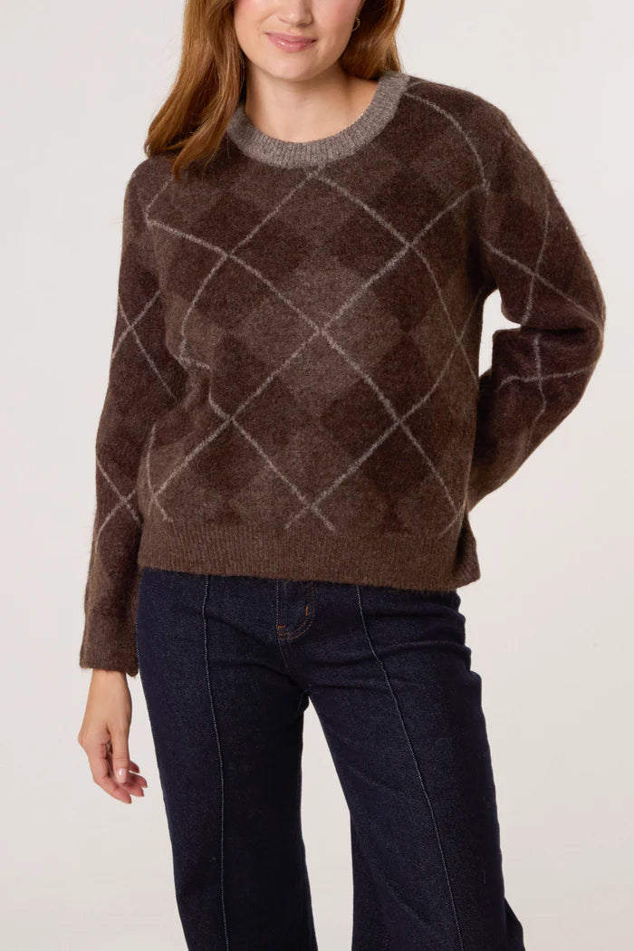 Chocolate Brown Argyle Crew Neck Jumper