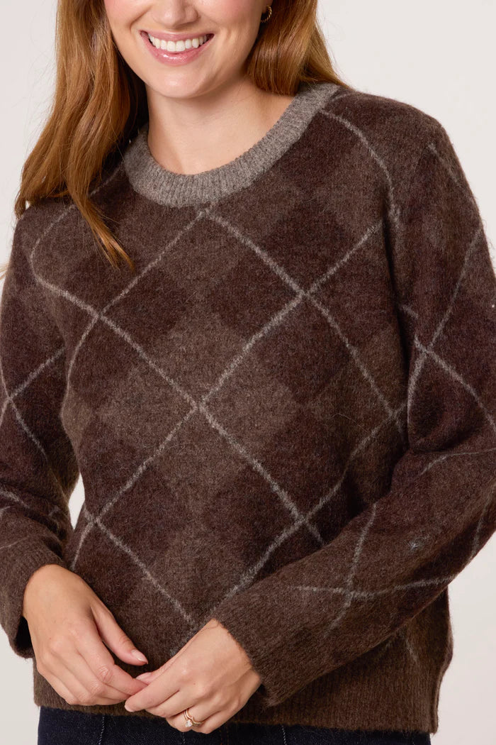 Chocolate Brown Argyle Crew Neck Jumper