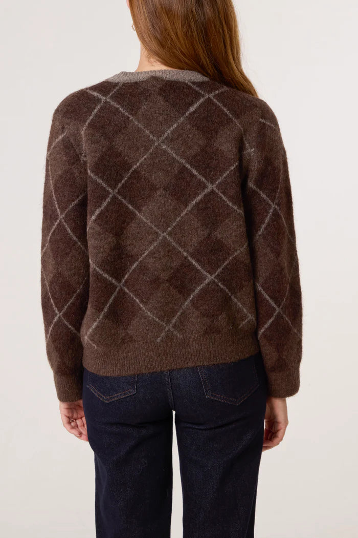 Chocolate Brown Argyle Crew Neck Jumper