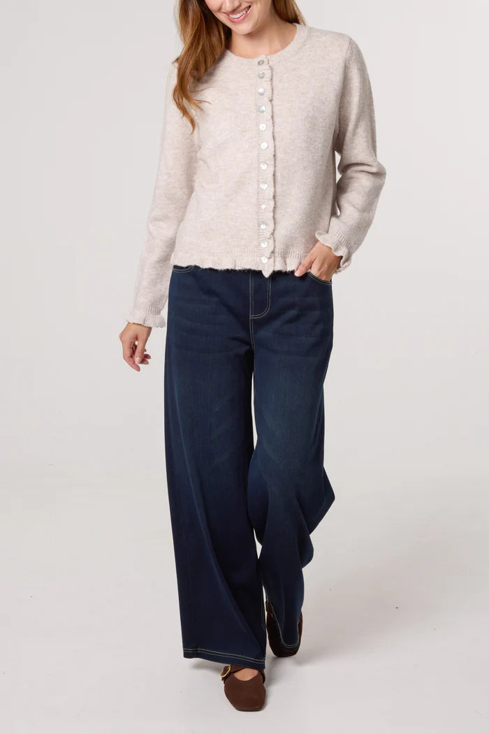 Stone Ruffle Trim Knit Cardigan