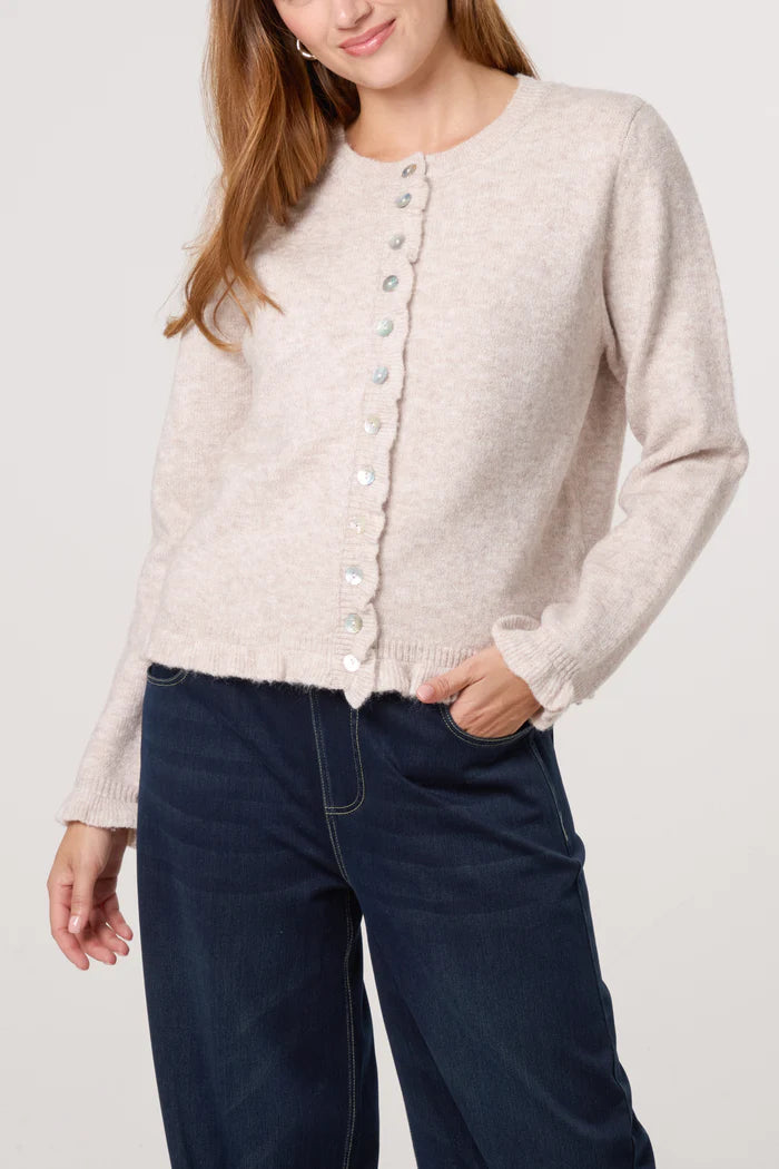 Stone Ruffle Trim Knit Cardigan