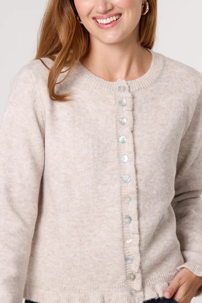Stone Ruffle Trim Knit Cardigan
