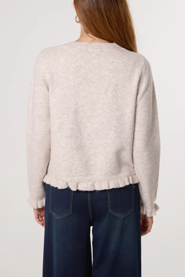 Stone Ruffle Trim Knit Cardigan